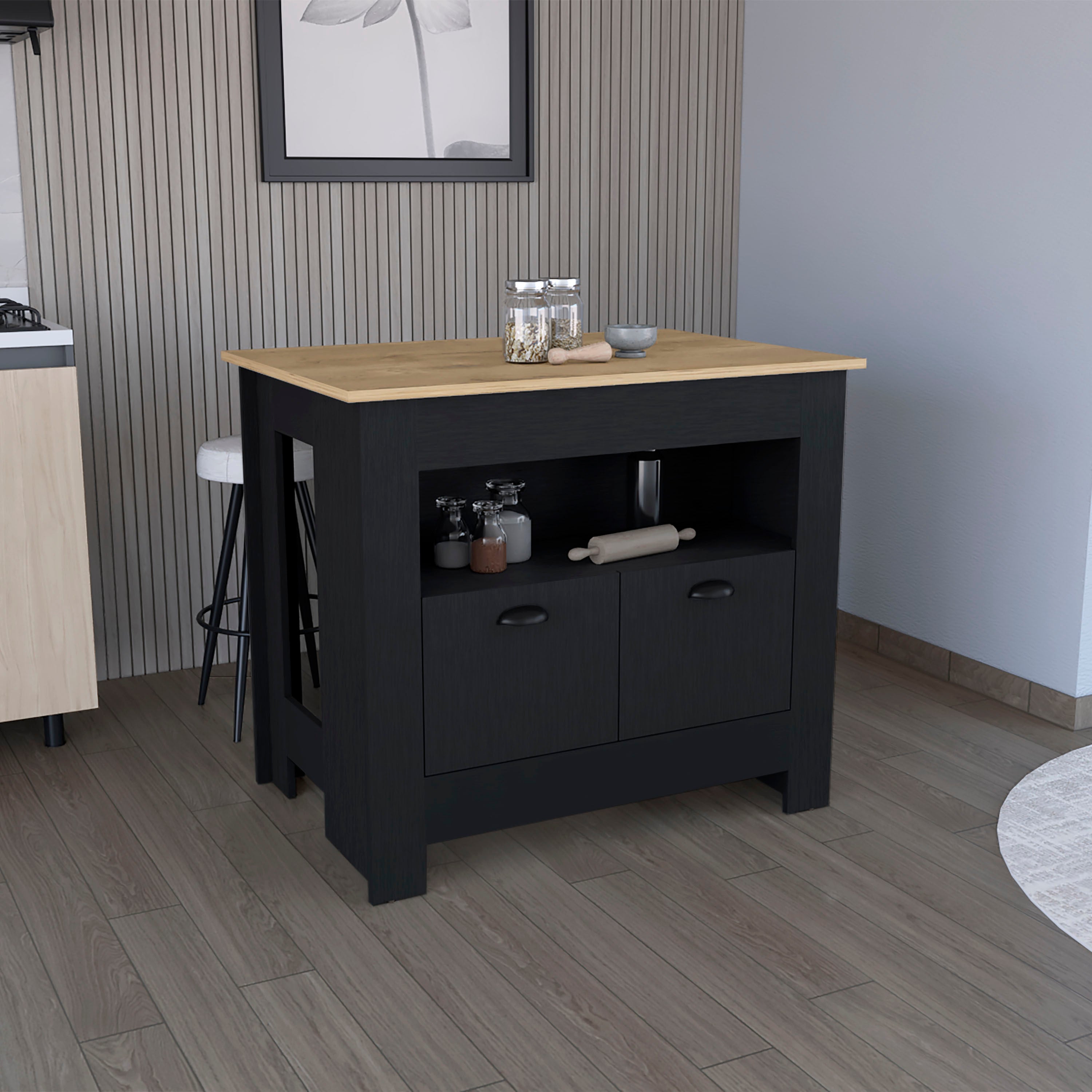 Arlet Kitchen Island: 2-Door Cabinet & Shelf