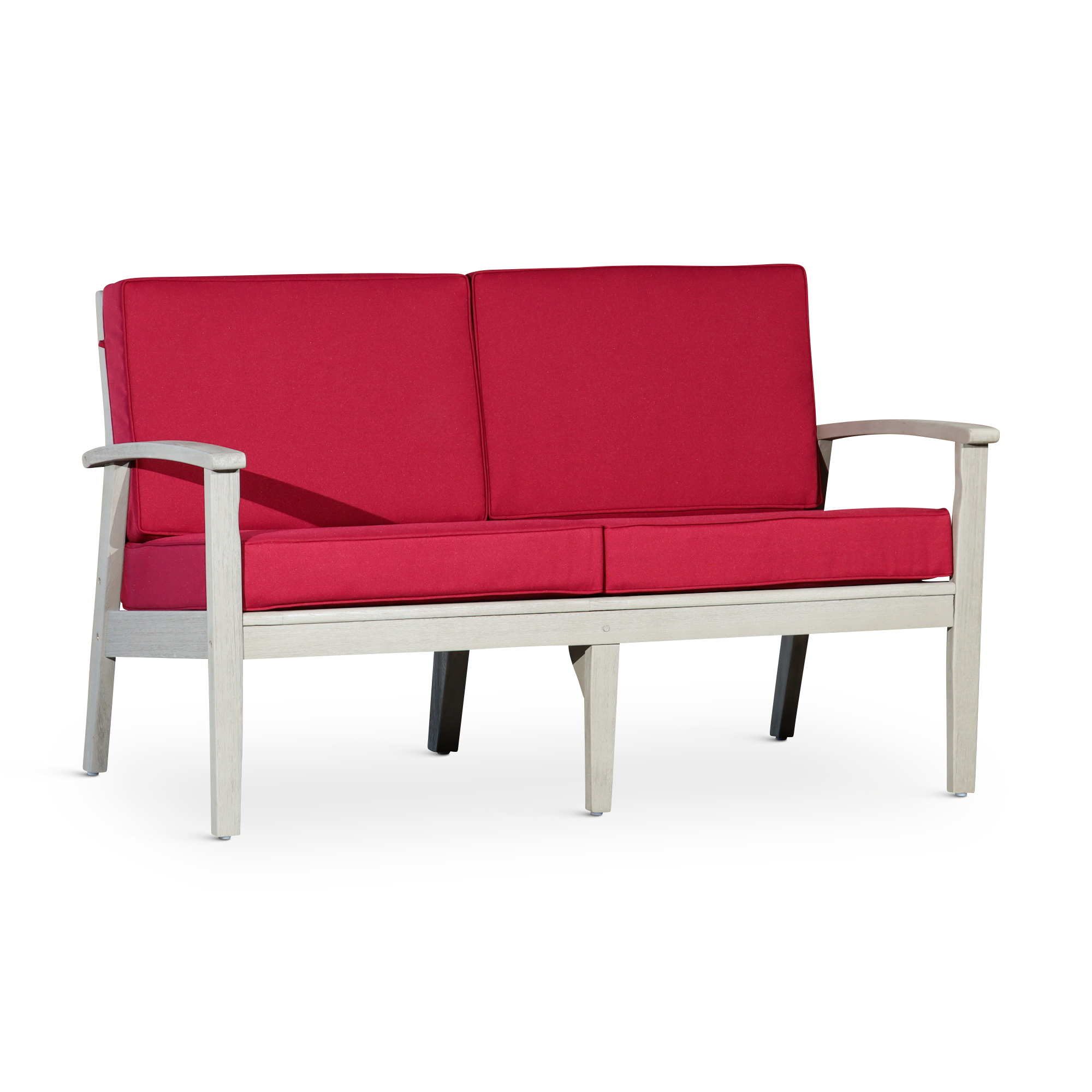 Eucalyptus Loveseat - Driftwood Gray, Burgundy Cushions