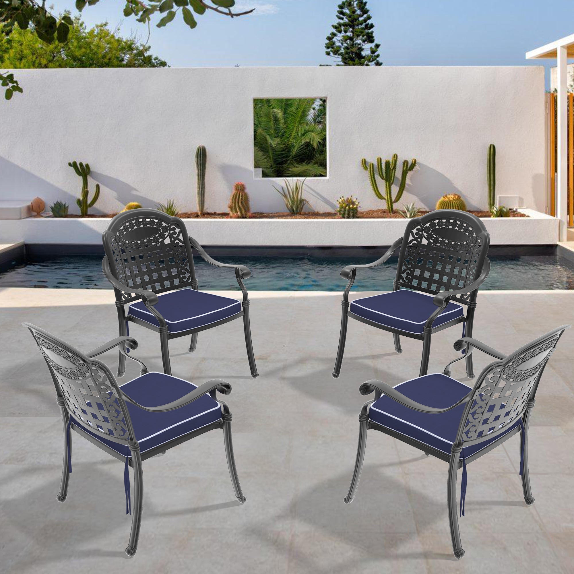 4PC Cast Aluminum Patio Dining Chairs Set: Black Frame, Blue Cushions