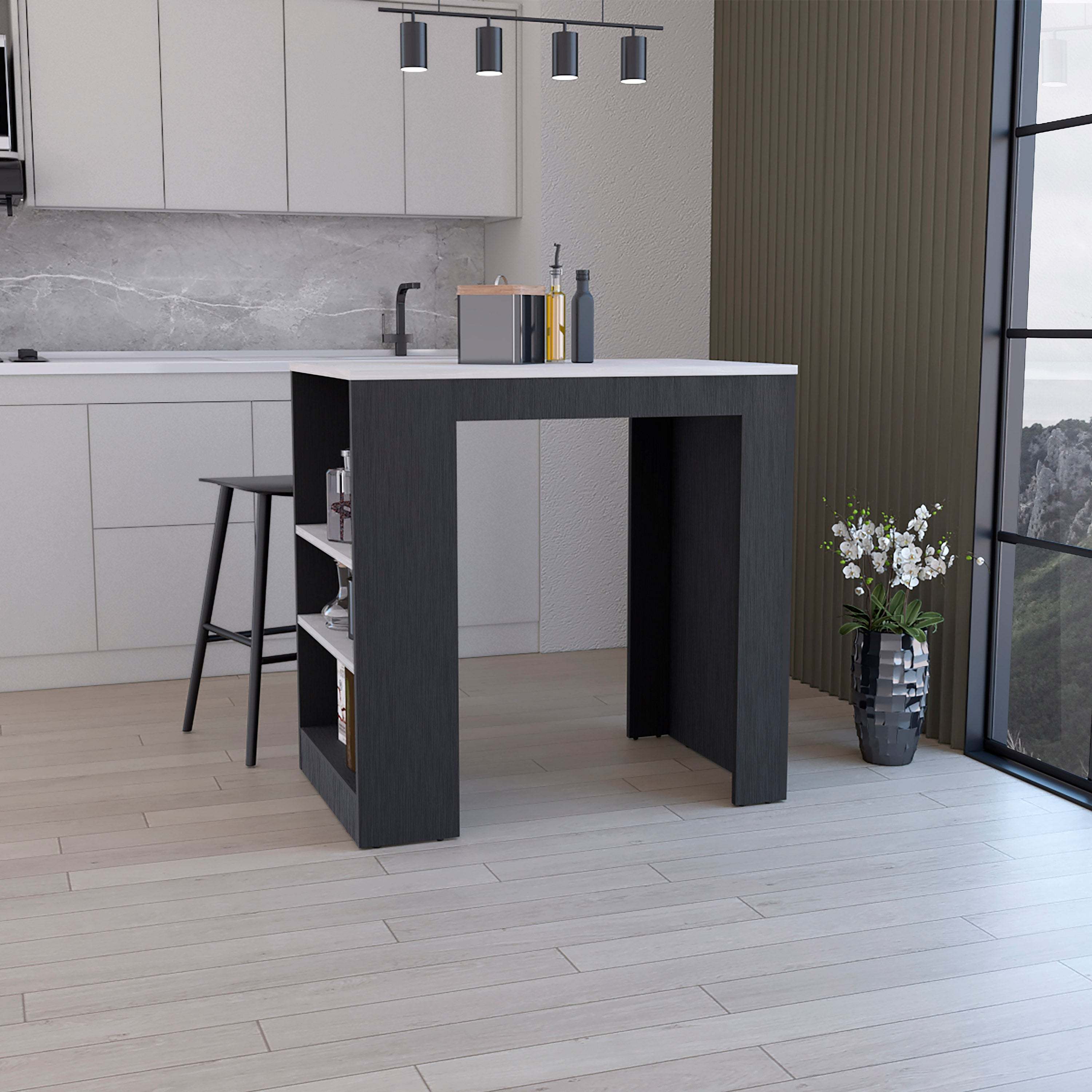 Kitchen Island Table w/ Shelves, White/Marble, 36"H