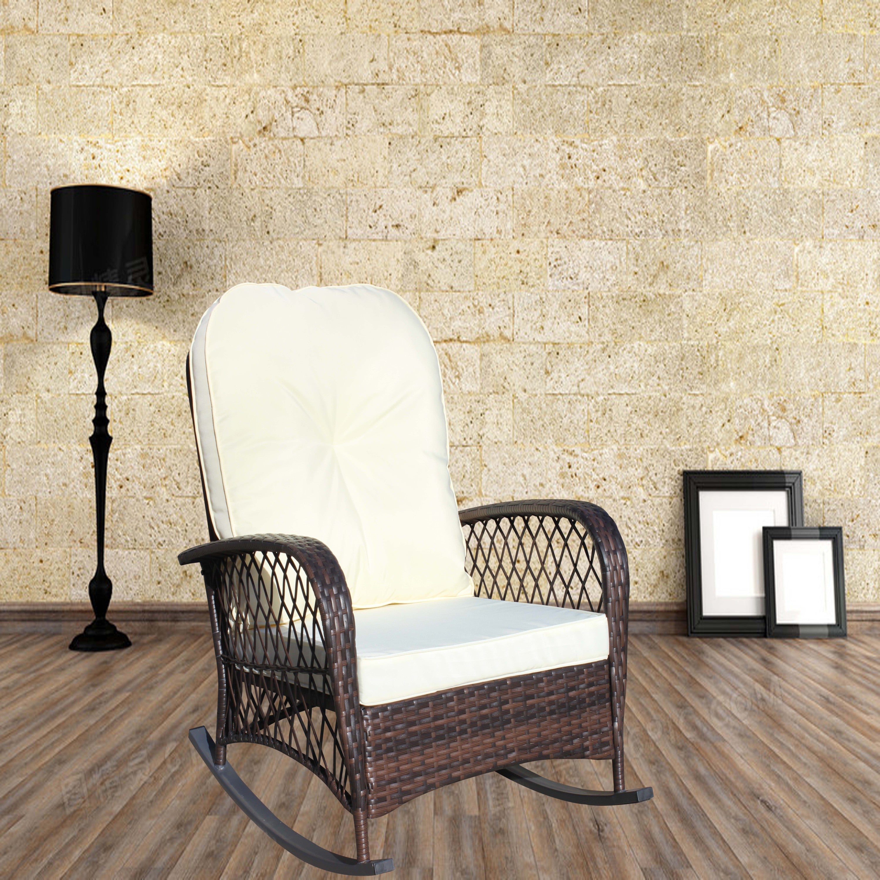 Outdoor Wicker Rocking Chair, Wide Seat, Thick Beige Cushion. Patio.