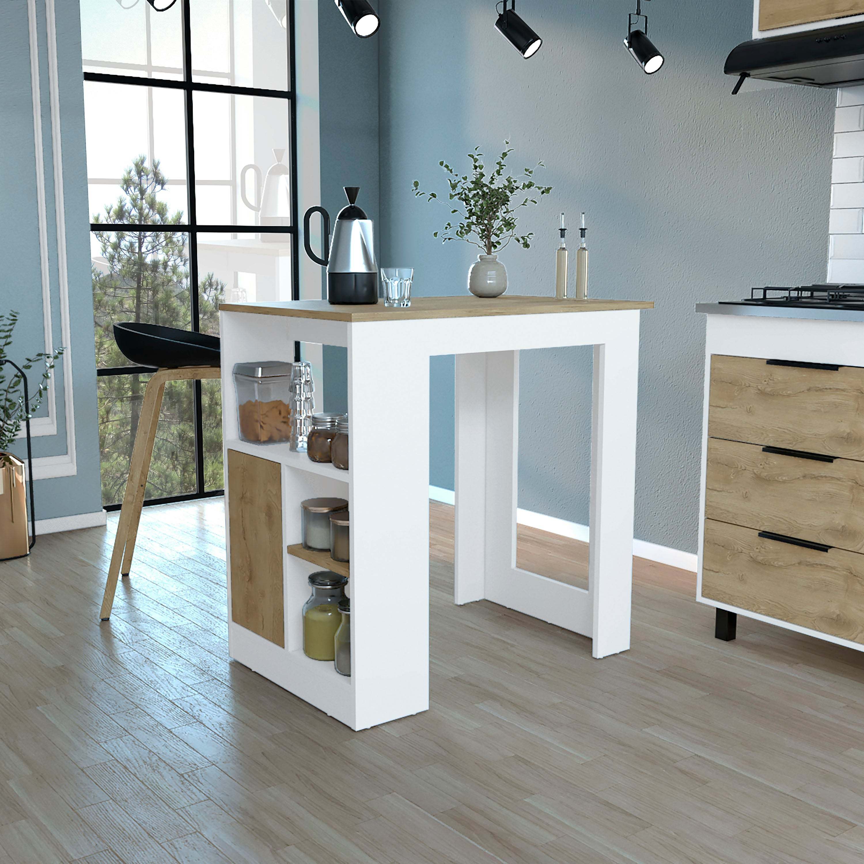 36" Kitchen Island: White/Macadamia, Open Shelving
