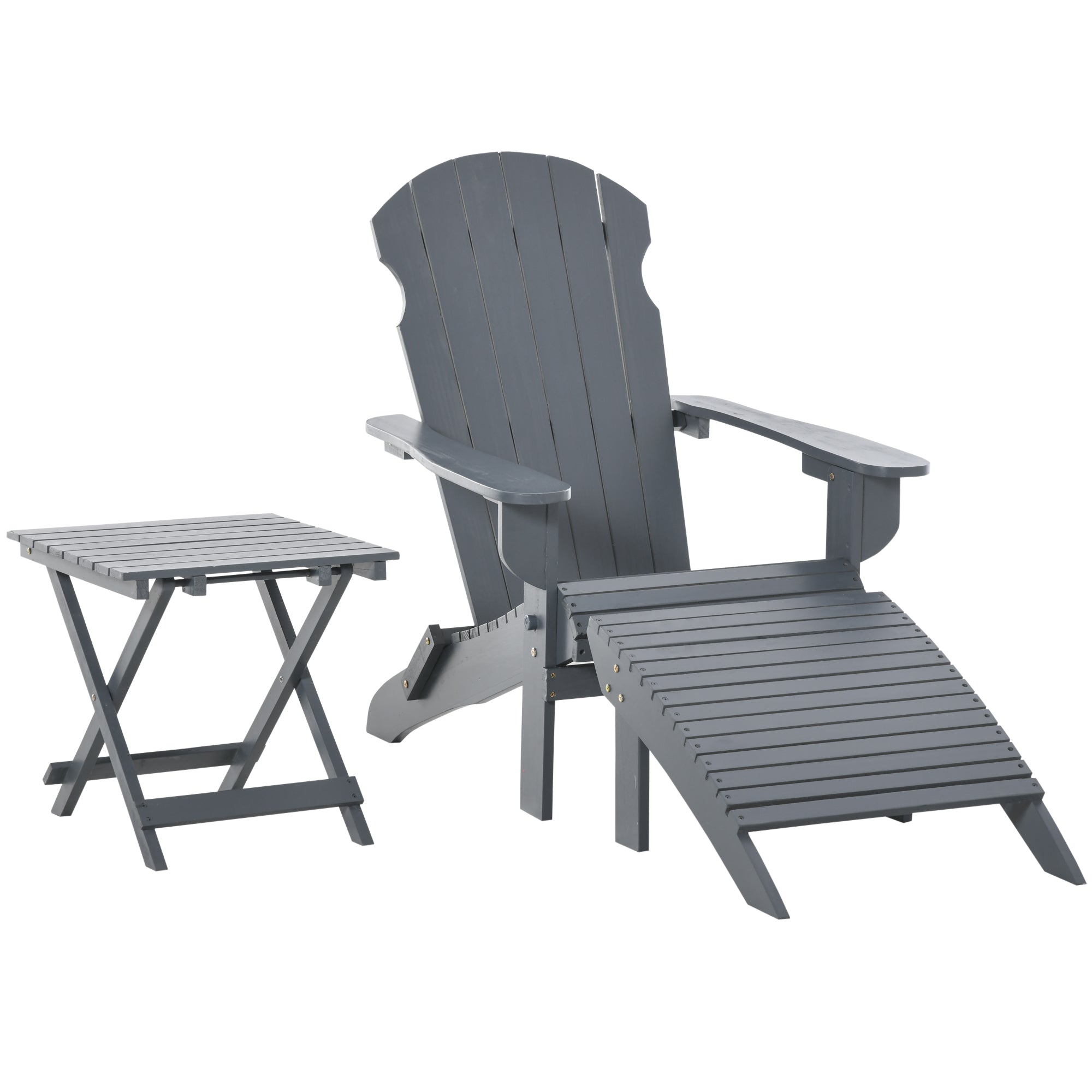 Gray Folding Wooden Adirondack Chair Set w/ Ottoman & Side Table Outdoor