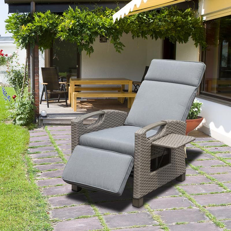 Outdoor Wicker Recliner Chair - Adjustable, Flip Table, Thick Cushions
