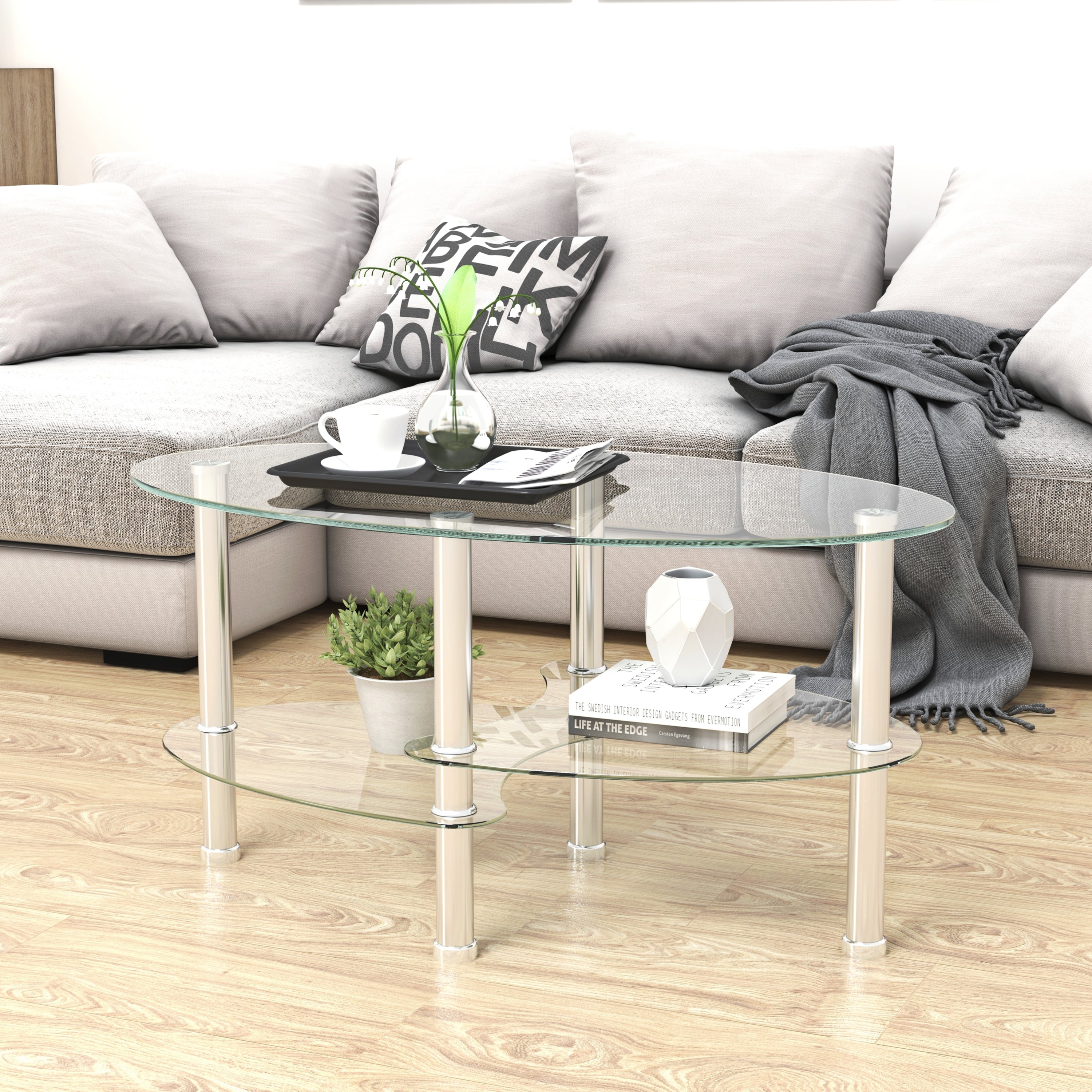 Modern Oval Glass Coffee Table with Steel Leg