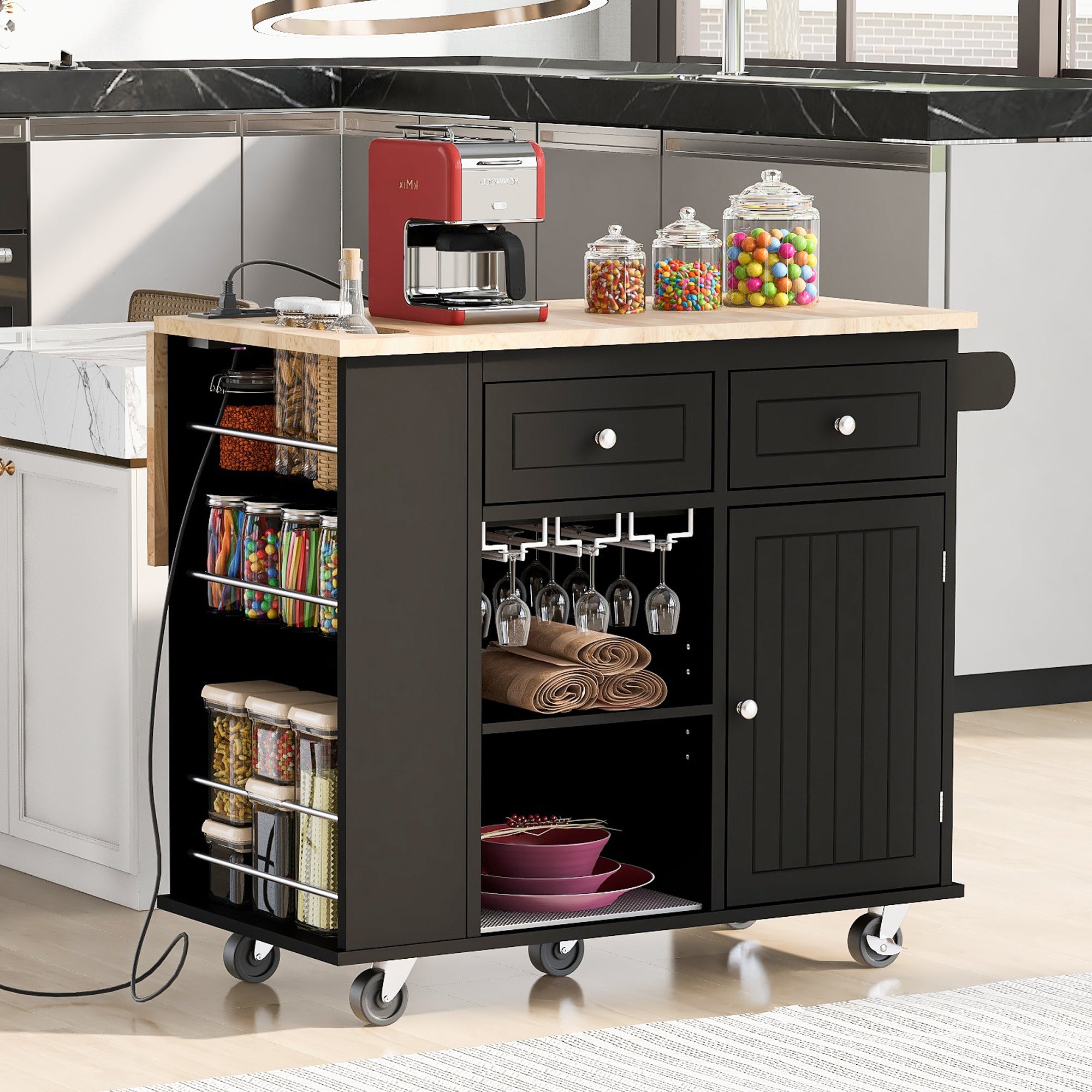 Kitchen Island w/Power, Storage & Wine Rack