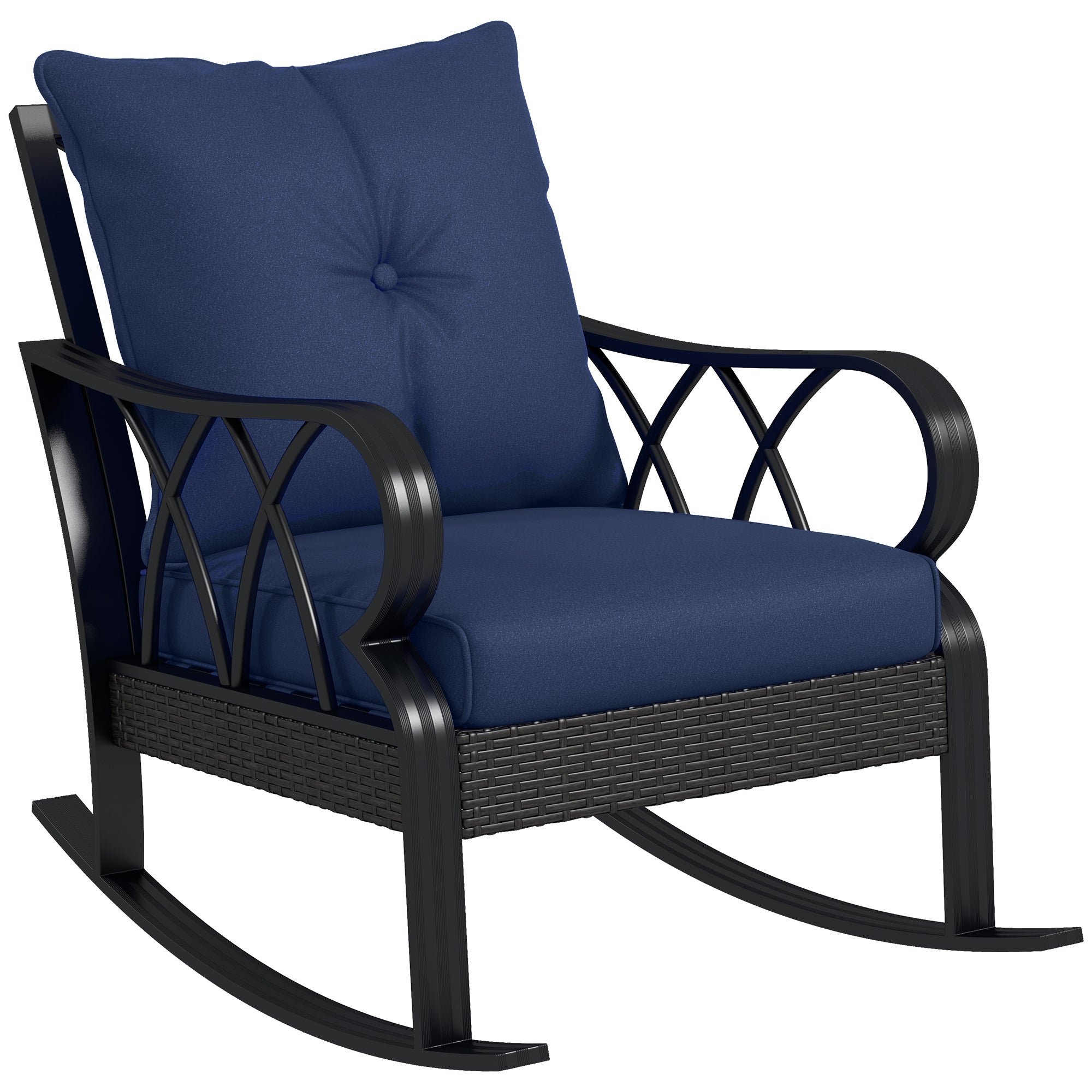 Outsunny Outdoor Wicker Rocking Chair w/ Padded Cushions - Navy