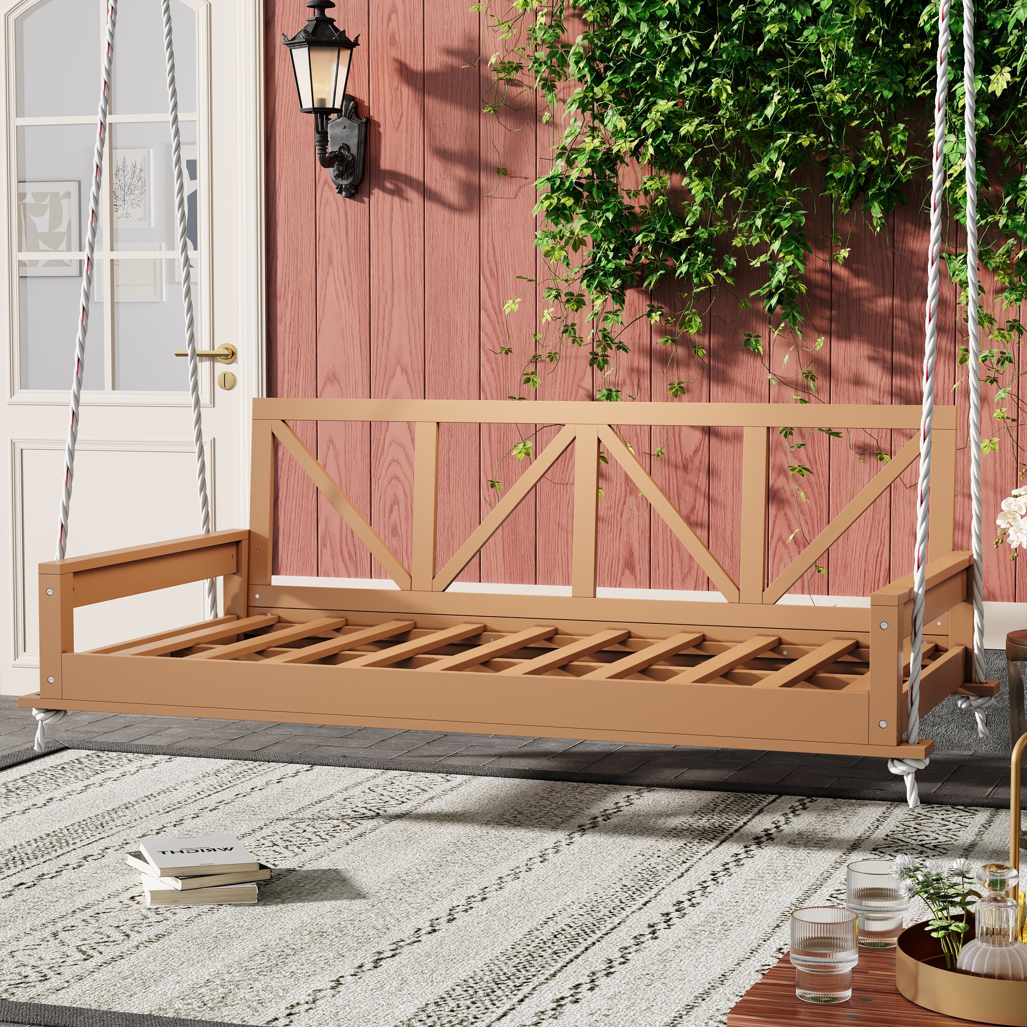 TOPMAX Acacia Wood Twin Patio Swing Bed - Modern Porch & Garden
