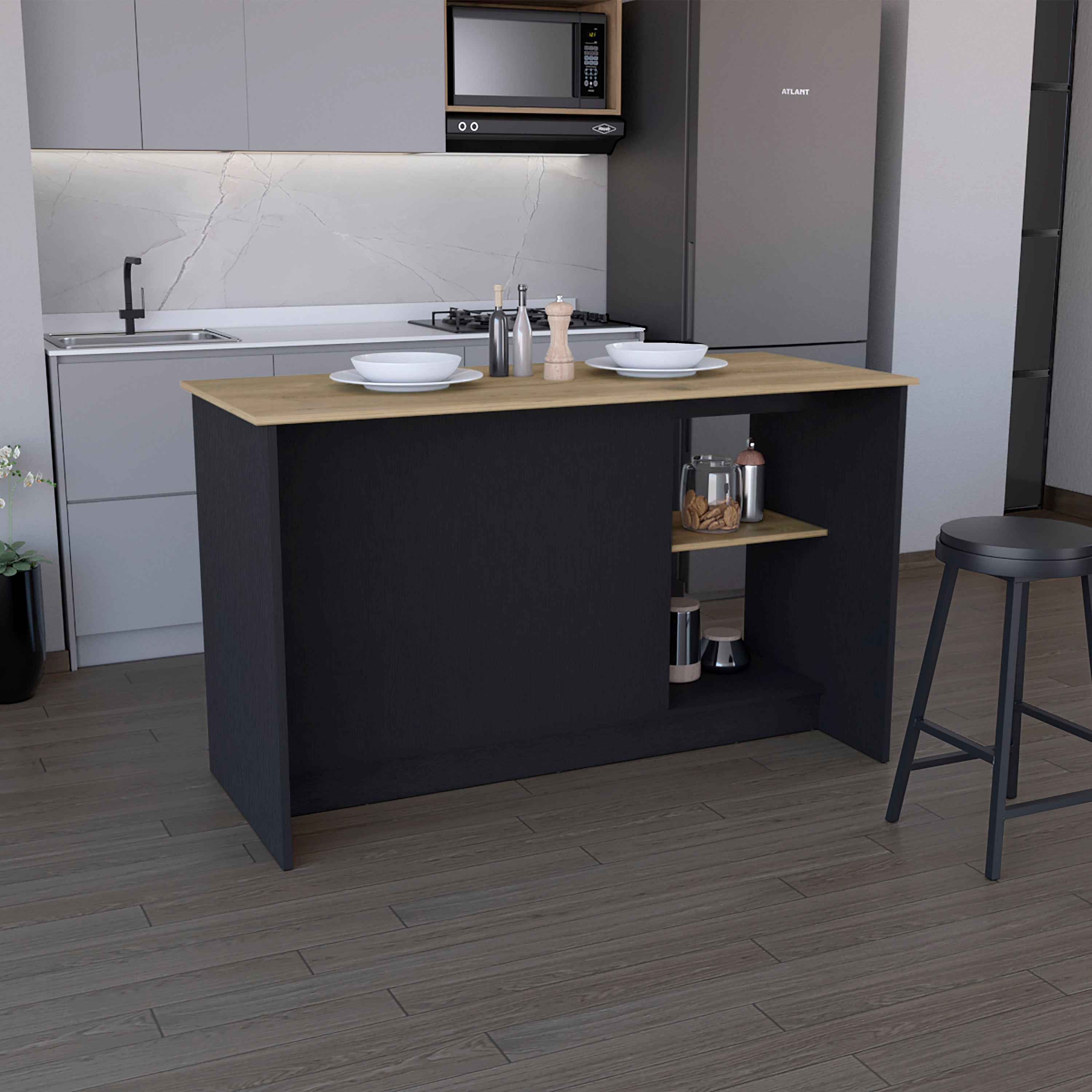 Kitchen Island w/ Storage & Cabinet - Black/Macadamia