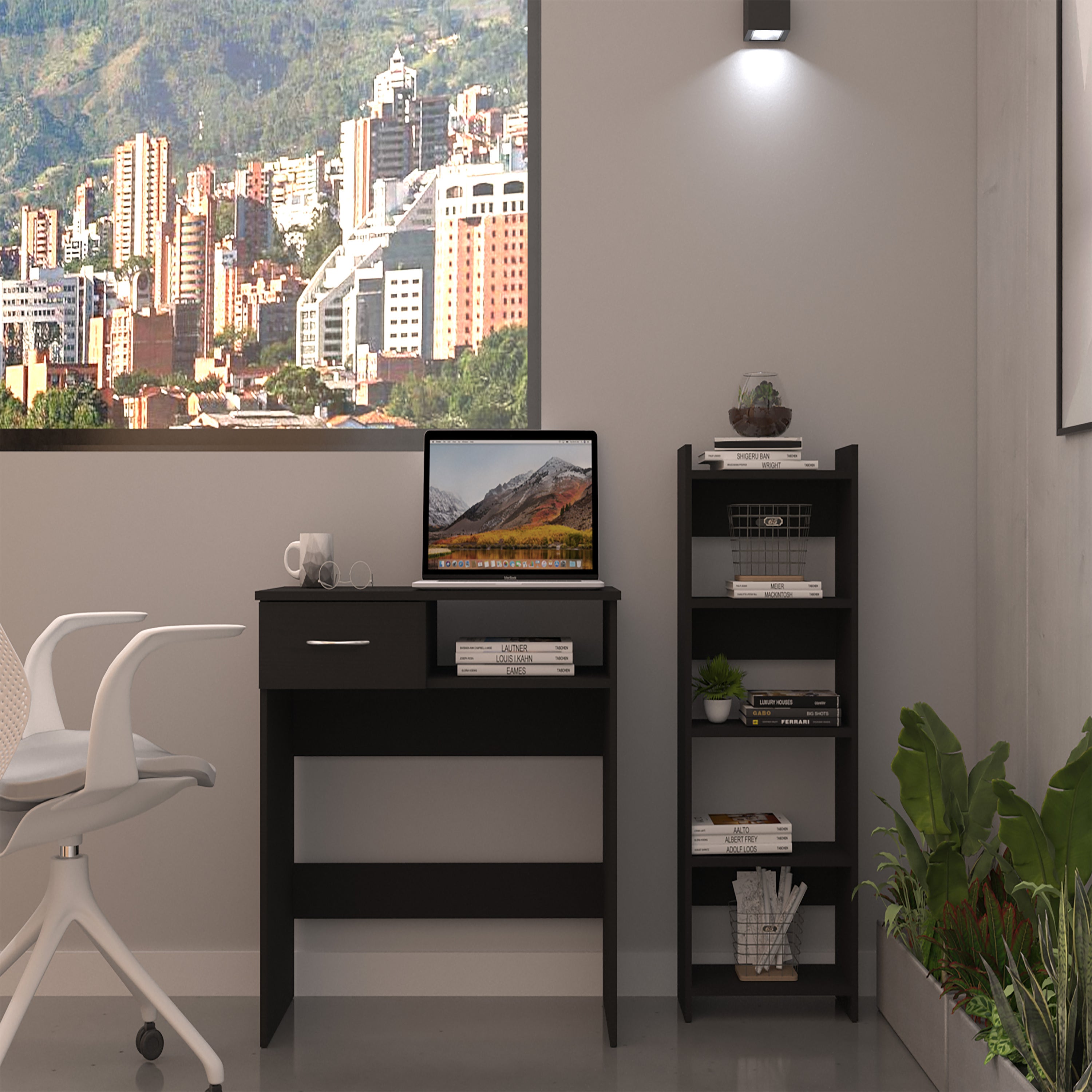 Black Home Office Desk Set w/ Keyboard Tray & 5 Shelves
