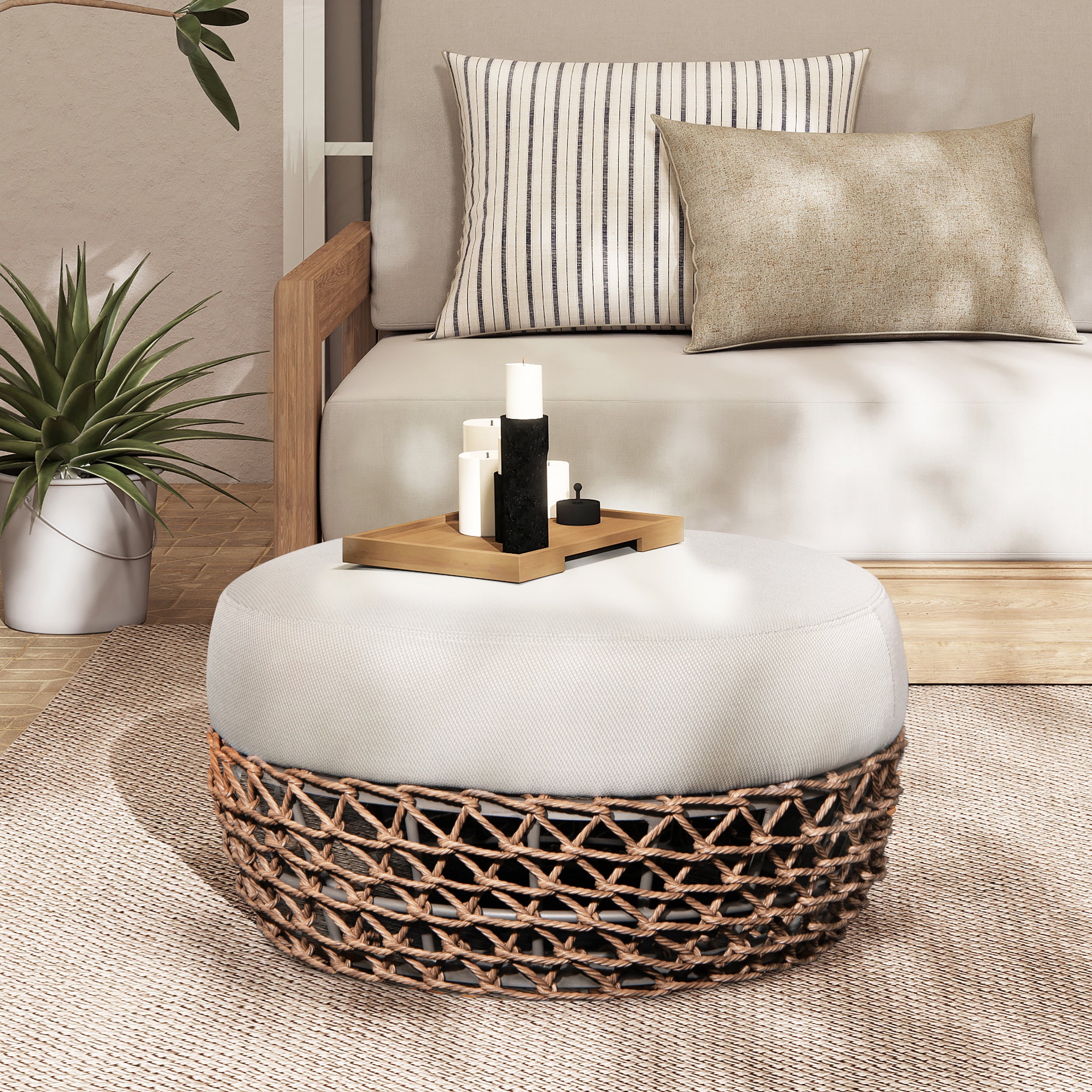 Willow 25' Round Upholstered Patio Ottoman - Woven Golden Brown Wicker