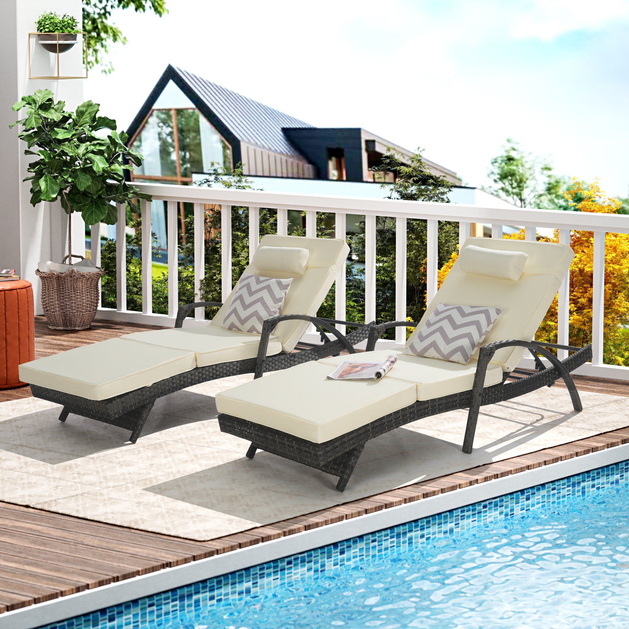 Outdoor Wicker Reclining Lounge Chair Set of 2 with Cushions