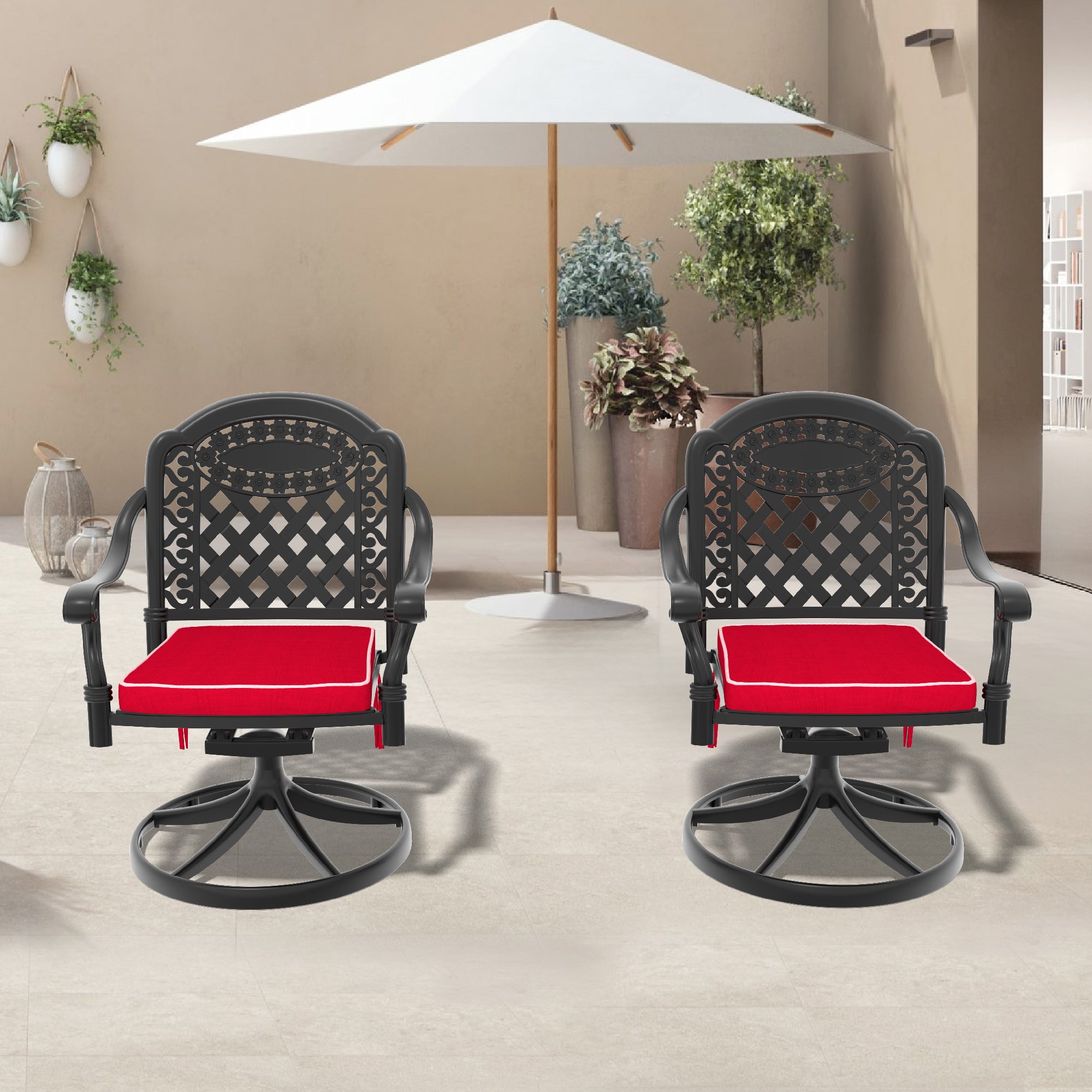 Cast Aluminum Patio Swivel Chairs 2PC - Black Frame & Random Cushions