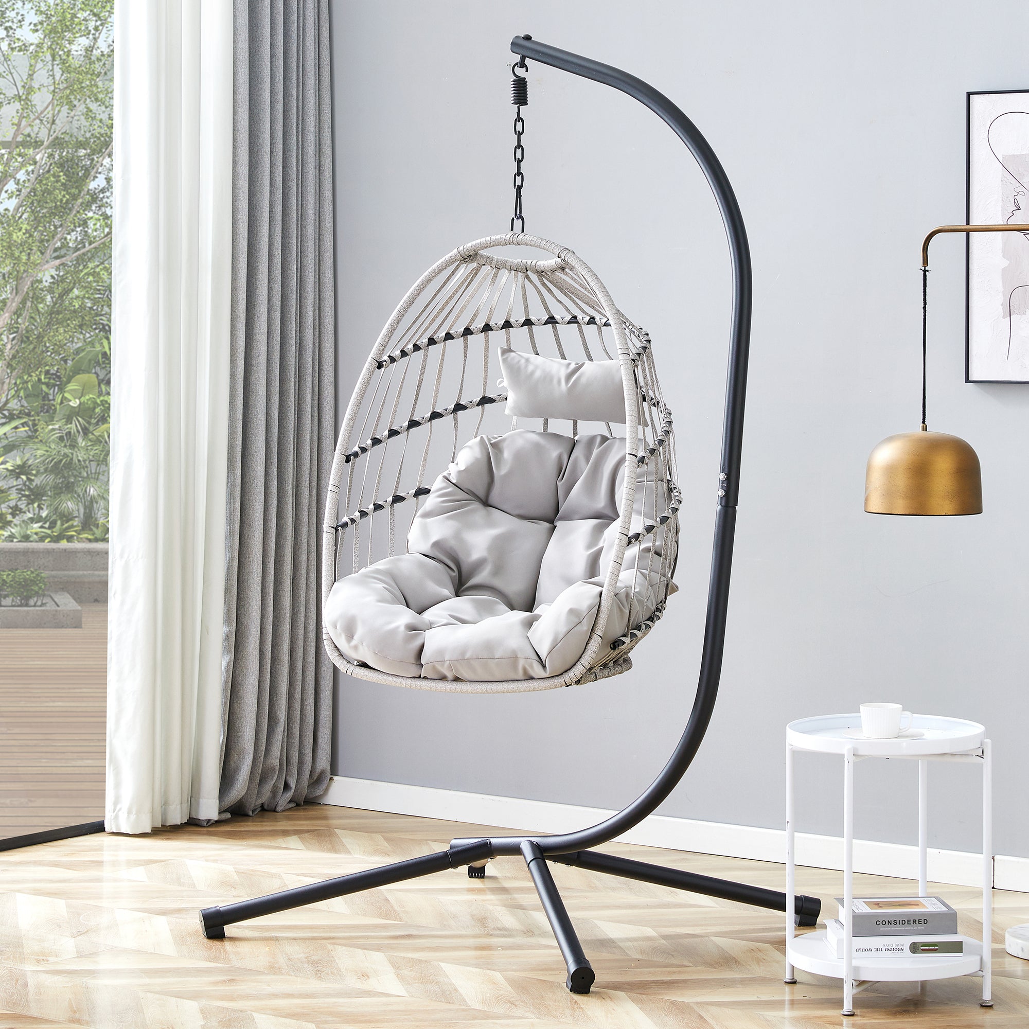Heavy-Duty Gray Wicker Hanging Chair – Indoor/Outdoor Single Swing