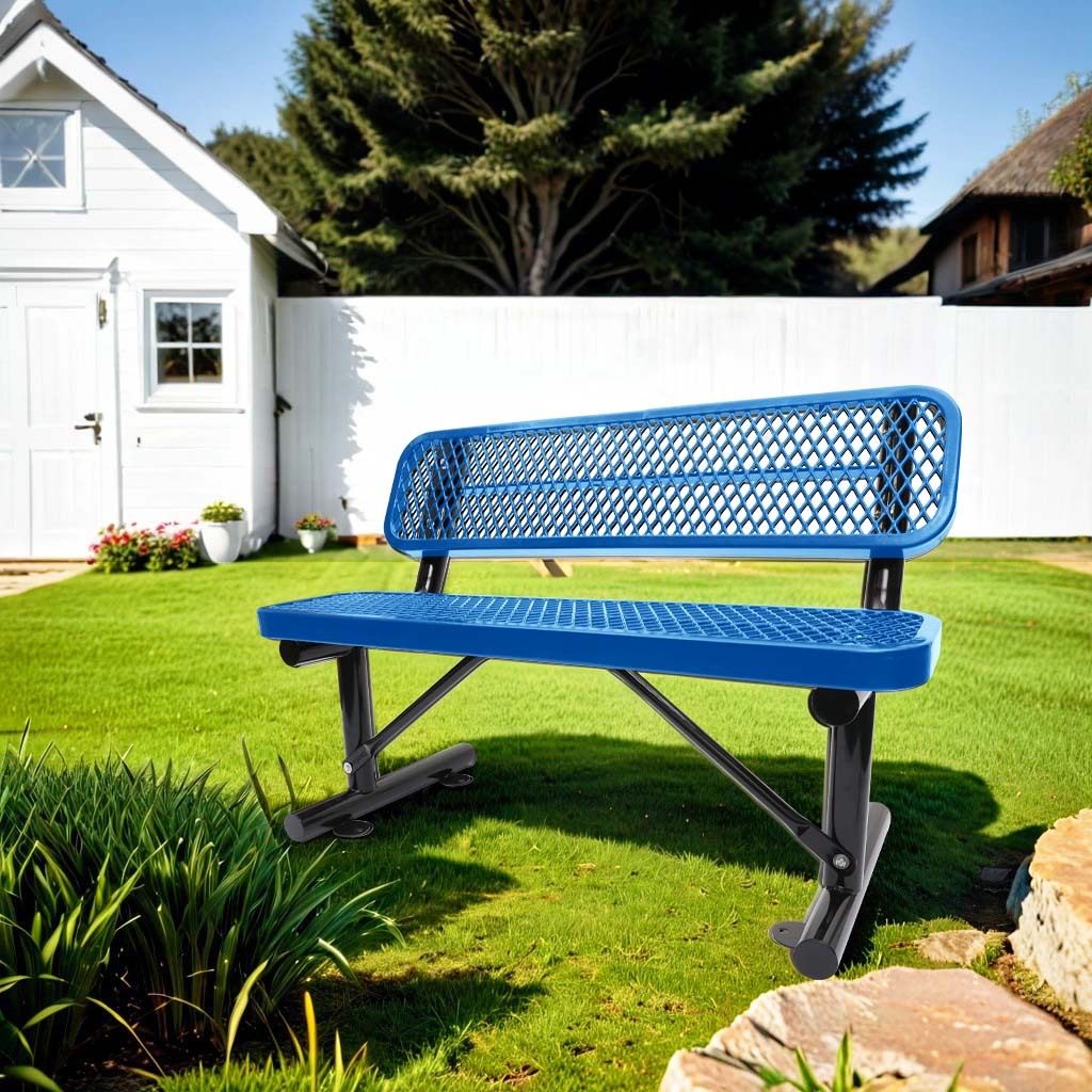4ft Blue Outdoor Steel Bench with Backrest