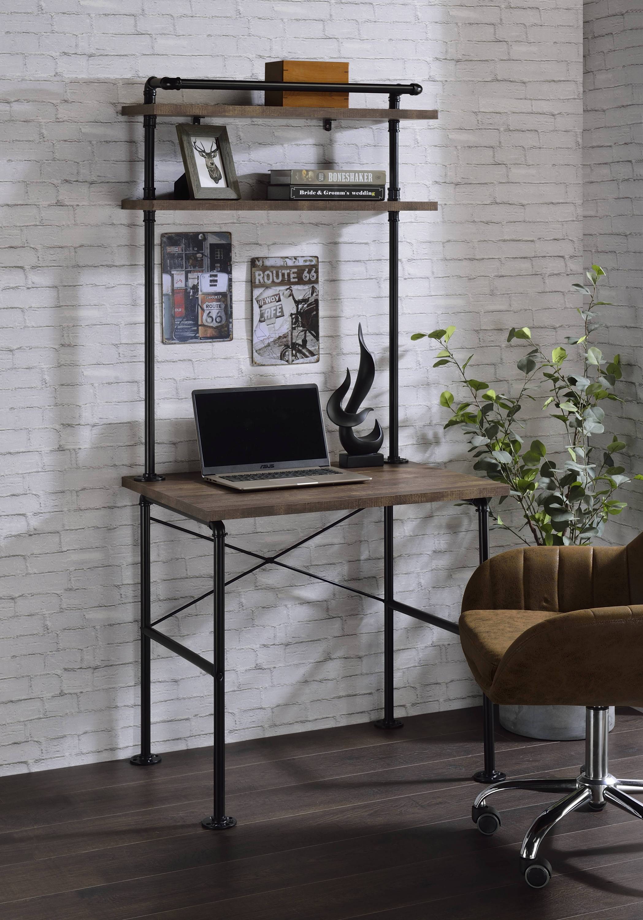 Rustic Oak & Black 2-Shelf Writing Desk