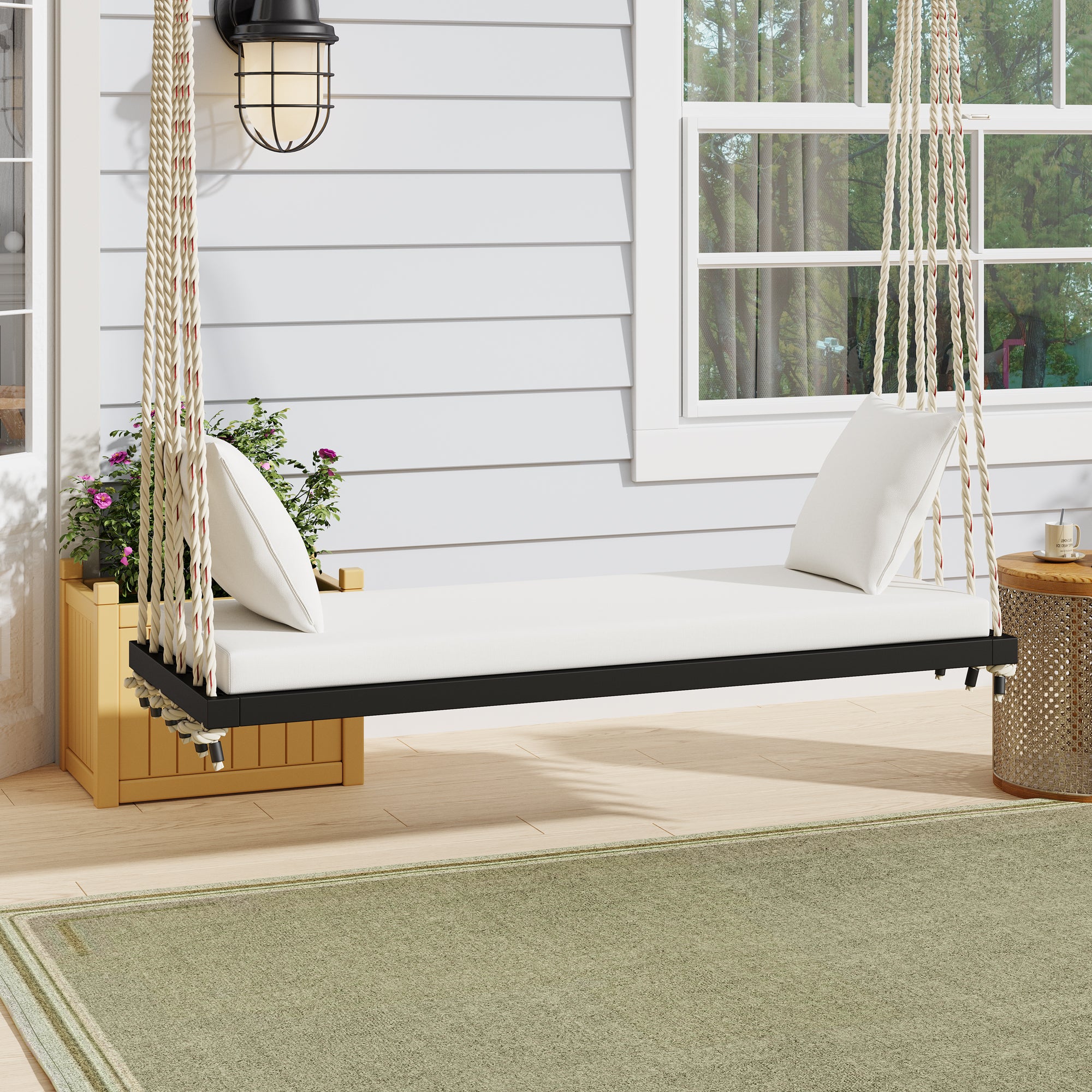 TOPMAX Black Wooden Patio Swing Chair with Cushions & Pillows