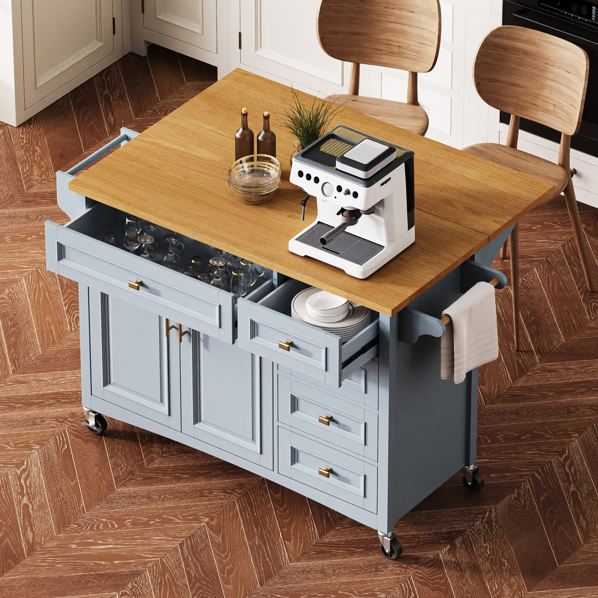 K&K 52" Kitchen Island Cart w/ Drop Leaf & Wheels - Blue Grey