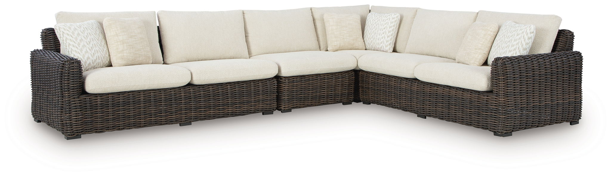Kimora - 7 Pc. - 4-Piece Outdoor Sectional, Swivel Glider Lounge, Cocktail Table, End Table - Beige / Dark Brown