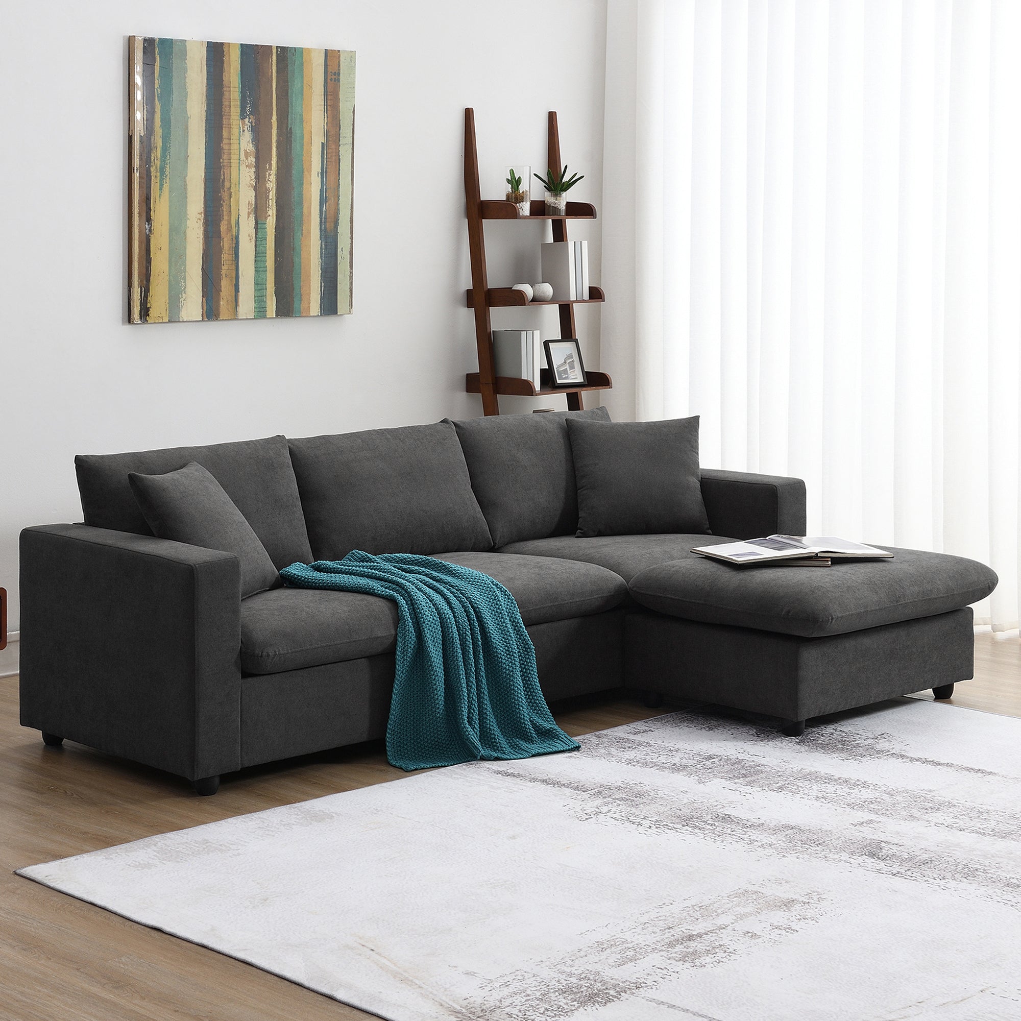 Modern Sectional Sofa, L-Shape Couch w/ Ottoman & Pillows