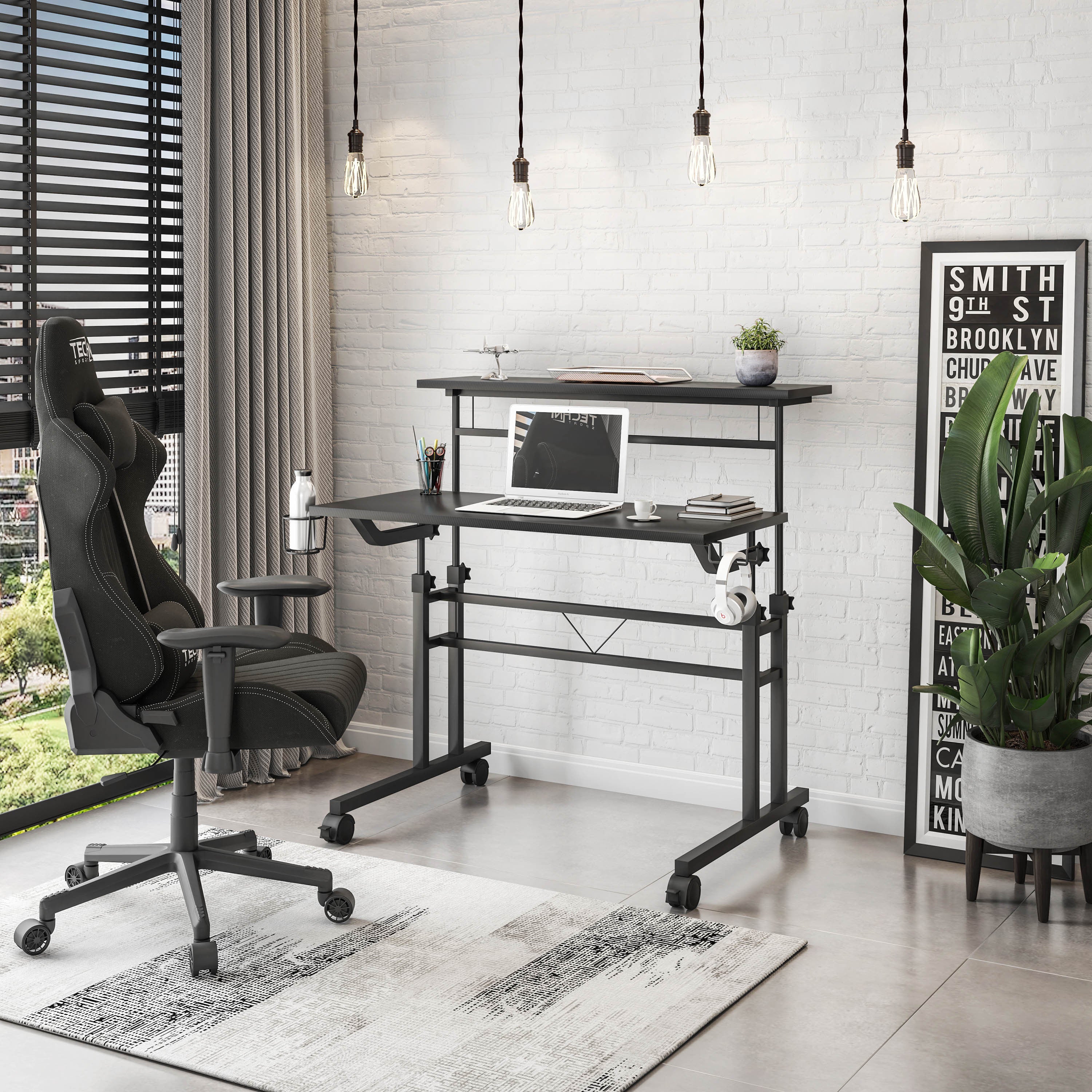 Rolling Desk, Adjustable Height, Black